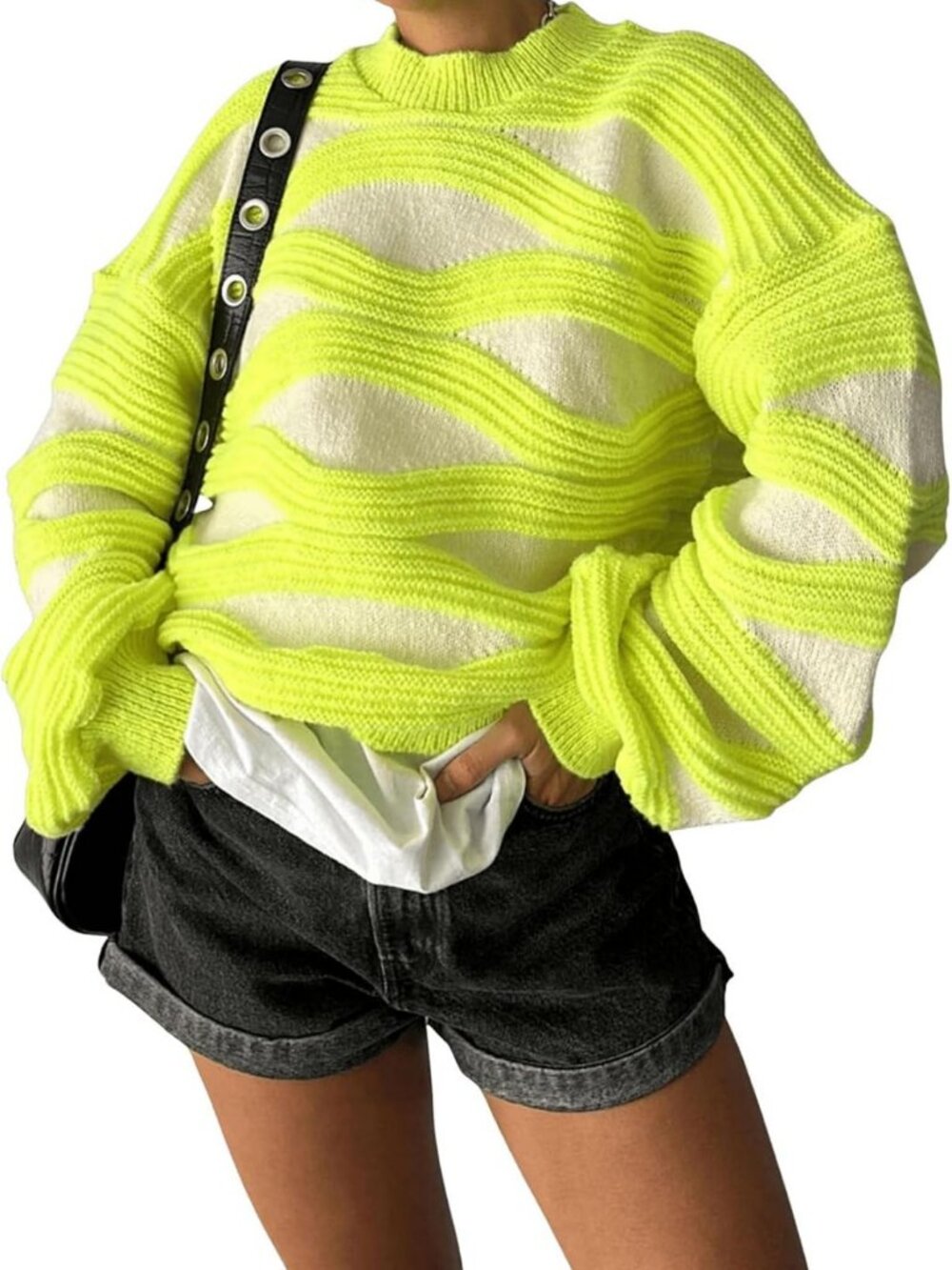 Trendy Women's Neon Oversized Chunky Knit Sweater - Long Sleeve Crew Neck Top